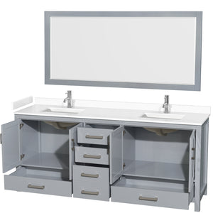 Sheffield 80 Inch Double Bathroom Vanity in Gray White Cultured Marble Countertop Undermount Square Sinks 70 Inch Mirror