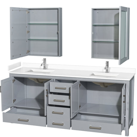 Sheffield 80 Inch Double Bathroom Vanity in Gray White Cultured Marble Countertop Undermount Square Sinks Medicine Cabinets