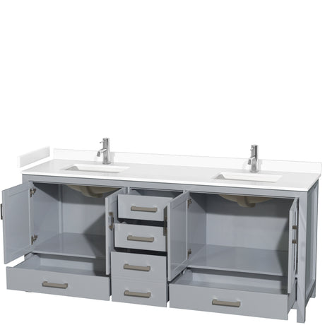 Sheffield 80 Inch Double Bathroom Vanity in Gray White Cultured Marble Countertop Undermount Square Sinks No Mirror