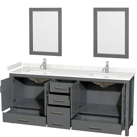 Sheffield 80 Inch Double Bathroom Vanity in Dark Gray Carrara Cultured Marble Countertop Undermount Square Sinks 24 Inch Mirrors