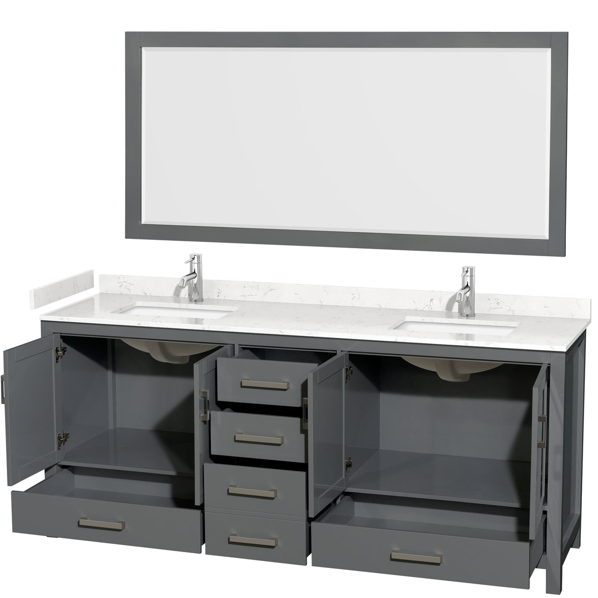 Sheffield 80 Inch Double Bathroom Vanity in Dark Gray Carrara Cultured Marble Countertop Undermount Square Sinks 70 Inch Mirror