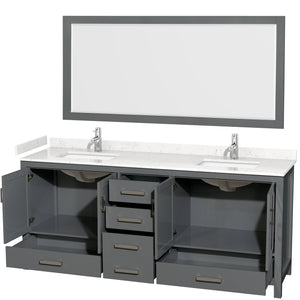 Sheffield 80 Inch Double Bathroom Vanity in Dark Gray Carrara Cultured Marble Countertop Undermount Square Sinks 70 Inch Mirror