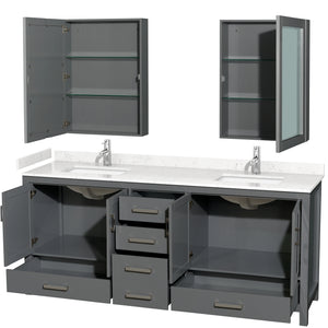 Sheffield 80 Inch Double Bathroom Vanity in Dark Gray Carrara Cultured Marble Countertop Undermount Square Sinks Medicine Cabinets