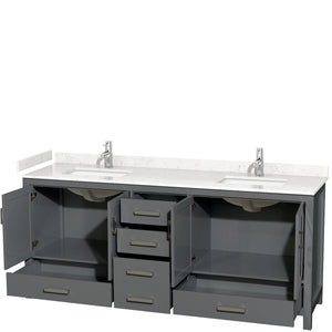 Sheffield 80 Inch Double Bathroom Vanity in Dark Gray Carrara Cultured Marble Countertop Undermount Square Sinks No Mirror