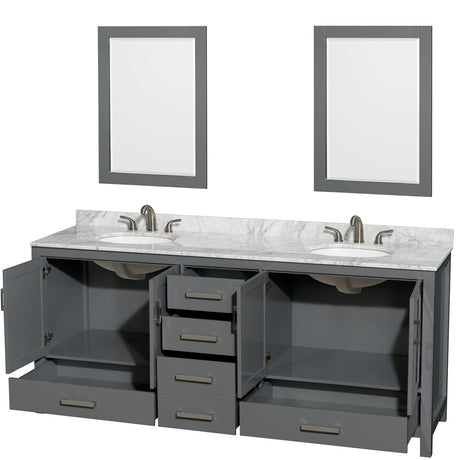Sheffield 80 Inch Double Bathroom Vanity in Dark Gray White Carrara Marble Countertop Undermount Oval Sinks and 24 Inch Mirrors