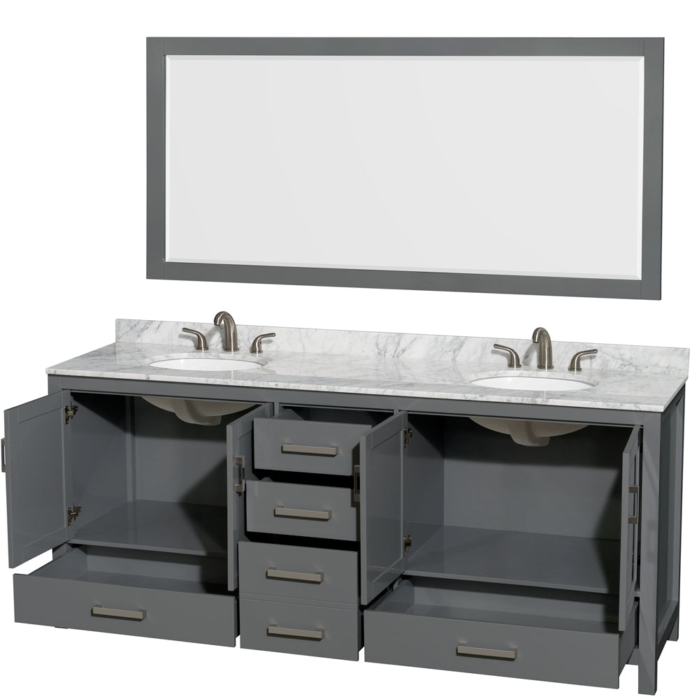 Sheffield 80 Inch Double Bathroom Vanity in Dark Gray White Carrara Marble Countertop Undermount Oval Sinks and 70 Inch Mirror