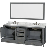 Sheffield 80 Inch Double Bathroom Vanity in Dark Gray White Carrara Marble Countertop Undermount Oval Sinks and 70 Inch Mirror