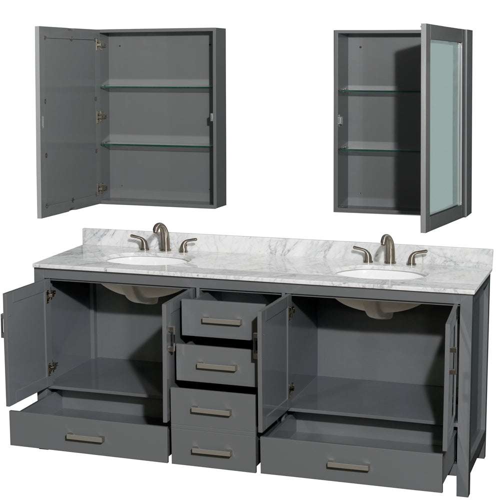Sheffield 80 Inch Double Bathroom Vanity in Dark Gray White Carrara Marble Countertop Undermount Oval Sinks and Medicine Cabinets
