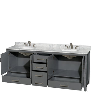 Sheffield 80 Inch Double Bathroom Vanity in Dark Gray White Carrara Marble Countertop Undermount Oval Sinks and No Mirror