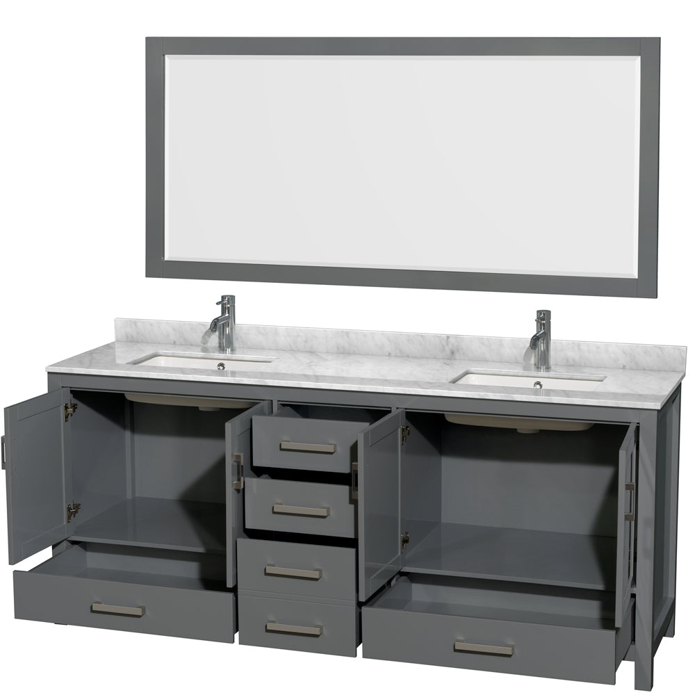Sheffield 80 Inch Double Bathroom Vanity in Dark Gray White Carrara Marble Countertop Undermount Square Sinks and 70 Inch Mirror