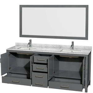 Sheffield 80 Inch Double Bathroom Vanity in Dark Gray White Carrara Marble Countertop Undermount Square Sinks and 70 Inch Mirror