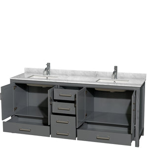 Sheffield 80 Inch Double Bathroom Vanity in Dark Gray White Carrara Marble Countertop Undermount Square Sinks and No Mirror
