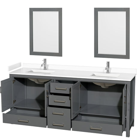 Sheffield 80 Inch Double Bathroom Vanity in Dark Gray White Cultured Marble Countertop Undermount Square Sinks 24 Inch Mirrors