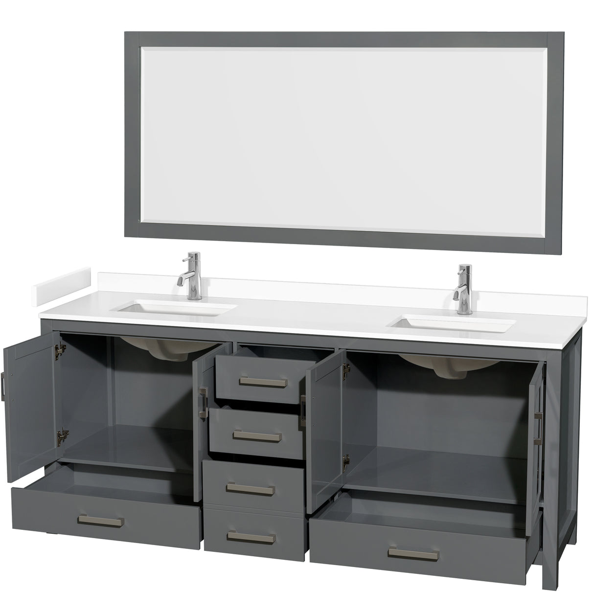 Sheffield 80 Inch Double Bathroom Vanity in Dark Gray White Cultured Marble Countertop Undermount Square Sinks 70 Inch Mirror