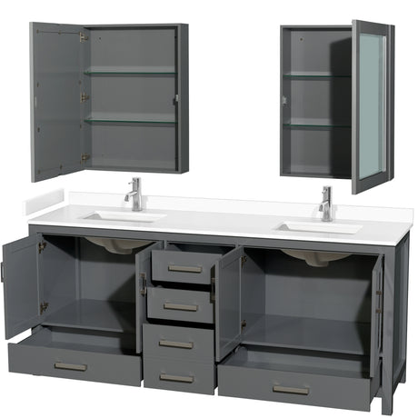 Sheffield 80 Inch Double Bathroom Vanity in Dark Gray White Cultured Marble Countertop Undermount Square Sinks Medicine Cabinets