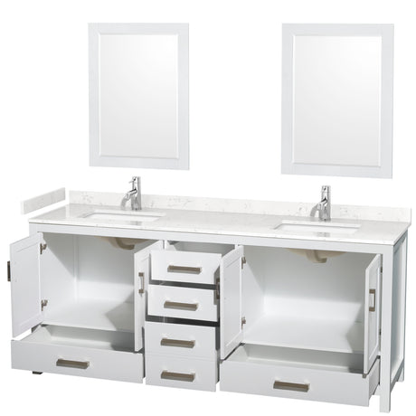 Sheffield 80 Inch Double Bathroom Vanity in White Carrara Cultured Marble Countertop Undermount Square Sinks 24 Inch Mirrors