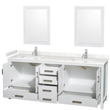 Sheffield 80 Inch Double Bathroom Vanity in White Carrara Cultured Marble Countertop Undermount Square Sinks 24 Inch Mirrors