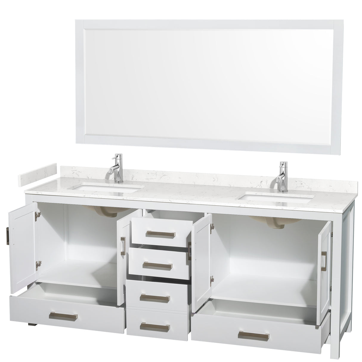 Sheffield 80 Inch Double Bathroom Vanity in White Carrara Cultured Marble Countertop Undermount Square Sinks 70 Inch Mirror