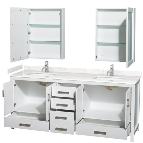 Sheffield 80 Inch Double Bathroom Vanity in White Carrara Cultured Marble Countertop Undermount Square Sinks Medicine Cabinets