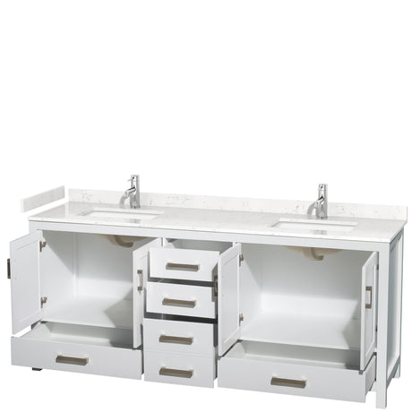 Sheffield 80 Inch Double Bathroom Vanity in White Carrara Cultured Marble Countertop Undermount Square Sinks No Mirror