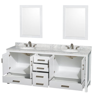 Sheffield 80 Inch Double Bathroom Vanity in White White Carrara Marble Countertop Undermount Oval Sinks and 24 Inch Mirrors