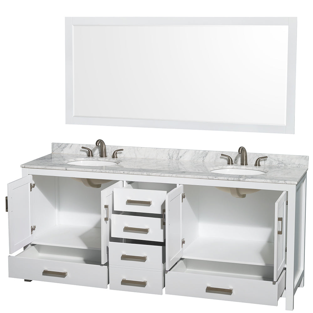 Sheffield 80 Inch Double Bathroom Vanity in White White Carrara Marble Countertop Undermount Oval Sinks and 70 Inch Mirror