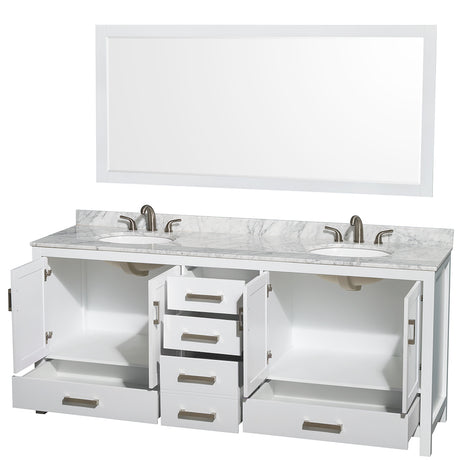 Sheffield 80 Inch Double Bathroom Vanity in White White Carrara Marble Countertop Undermount Oval Sinks and 70 Inch Mirror