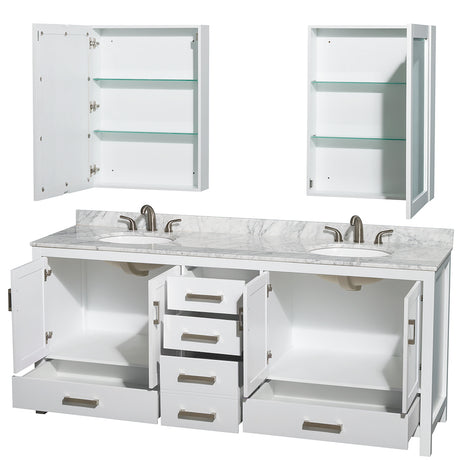 Sheffield 80 Inch Double Bathroom Vanity in White White Carrara Marble Countertop Undermount Oval Sinks and Medicine Cabinets