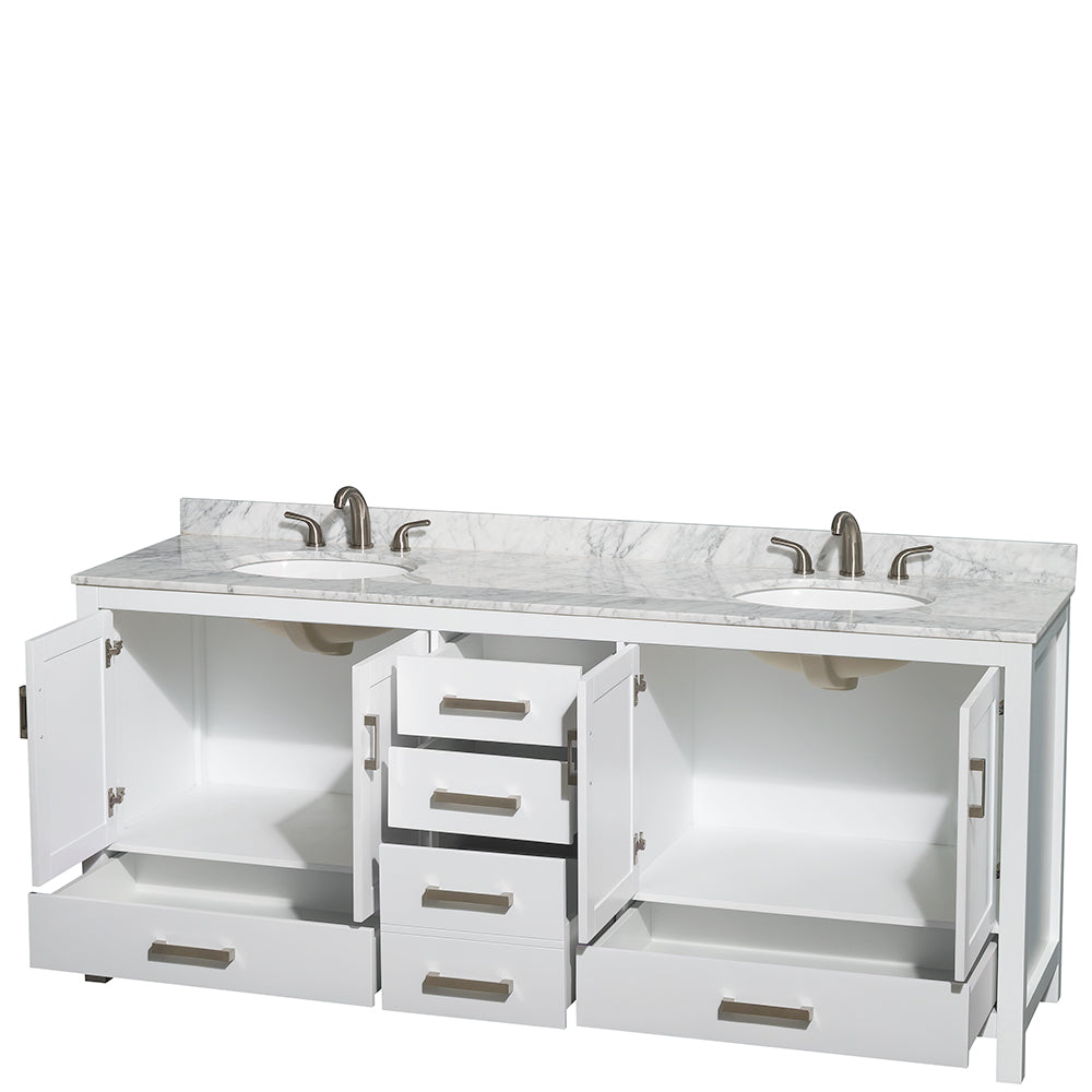 Sheffield 80 Inch Double Bathroom Vanity in White White Carrara Marble Countertop Undermount Oval Sinks and No Mirror