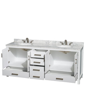 Sheffield 80 Inch Double Bathroom Vanity in White White Carrara Marble Countertop Undermount Oval Sinks and No Mirror