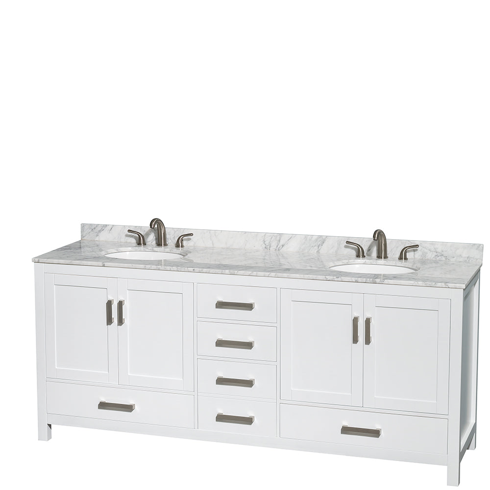 Sheffield 80 Inch Double Bathroom Vanity in White White Carrara Marble Countertop Undermount Oval Sinks and Medicine Cabinets