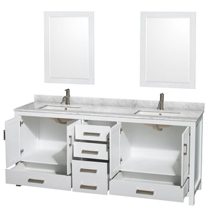 Sheffield 80 Inch Double Bathroom Vanity in White White Carrara Marble Countertop Undermount Square Sinks and 24 Inch Mirrors