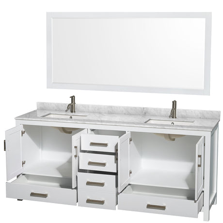 Sheffield 80 Inch Double Bathroom Vanity in White White Carrara Marble Countertop Undermount Square Sinks and 70 Inch Mirror