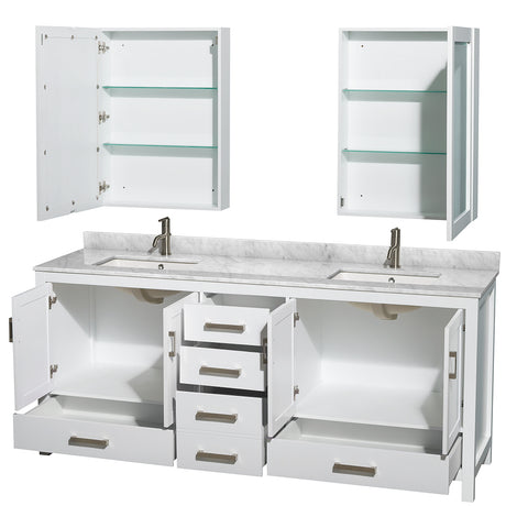 Sheffield 80 Inch Double Bathroom Vanity in White White Carrara Marble Countertop Undermount Square Sinks and Medicine Cabinets