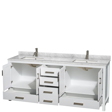 Sheffield 80 Inch Double Bathroom Vanity in White White Carrara Marble Countertop Undermount Square Sinks and No Mirror