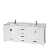 Sheffield 80 Inch Double Bathroom Vanity in White White Carrara Marble Countertop Undermount Square Sinks and 70 Inch Mirror