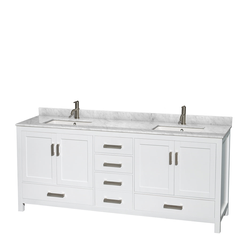 Sheffield 80 Inch Double Bathroom Vanity in White White Carrara Marble Countertop Undermount Square Sinks and 24 Inch Mirrors