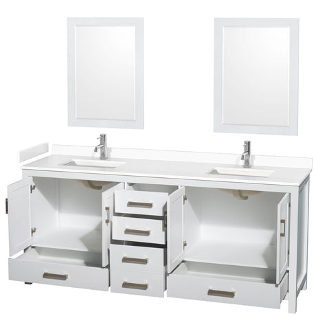 Sheffield 80 Inch Double Bathroom Vanity in White White Cultured Marble Countertop Undermount Square Sinks 24 Inch Mirrors