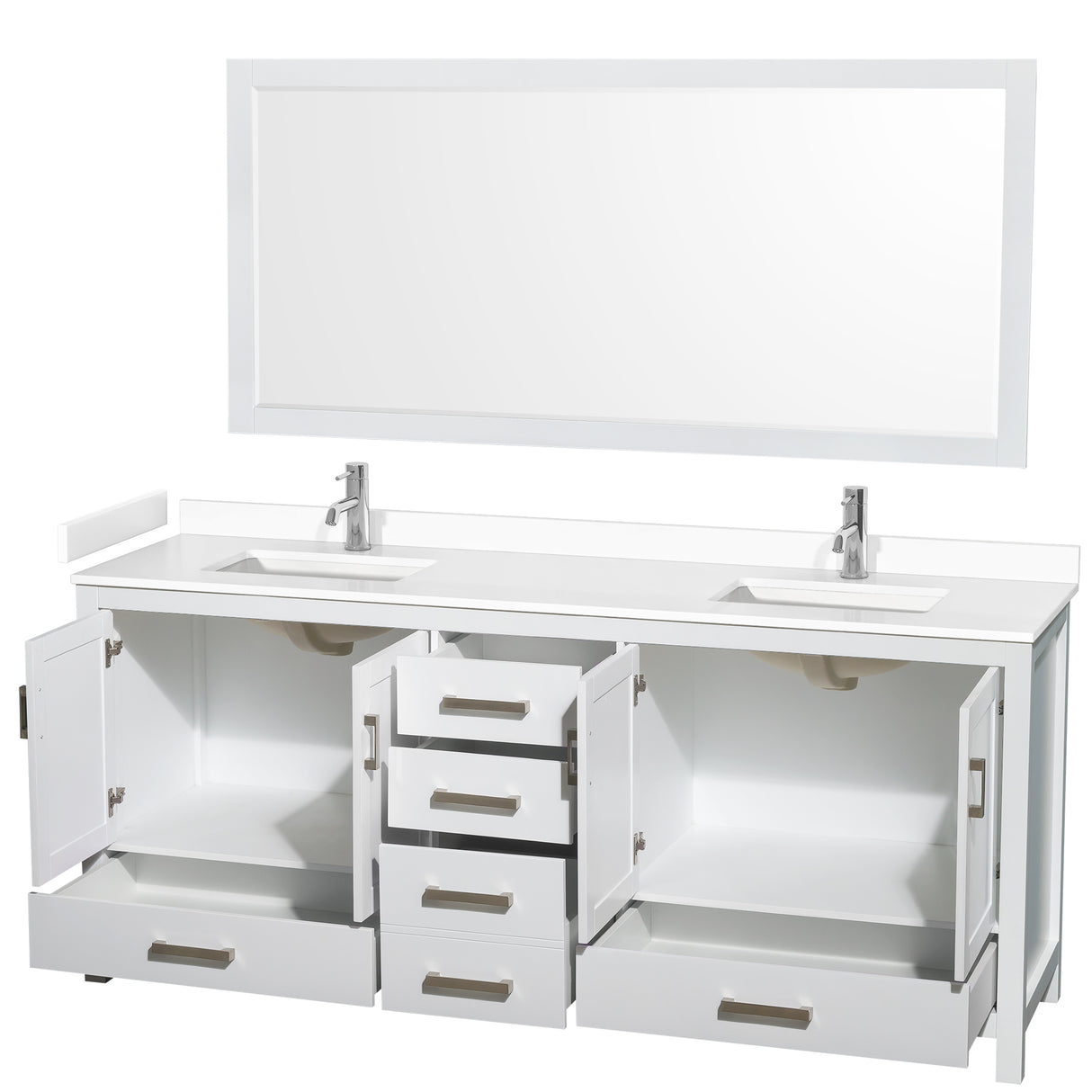 Sheffield 80 Inch Double Bathroom Vanity in White White Cultured Marble Countertop Undermount Square Sinks 70 Inch Mirror