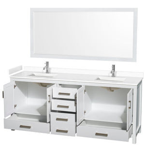 Sheffield 80 Inch Double Bathroom Vanity in White White Cultured Marble Countertop Undermount Square Sinks 70 Inch Mirror