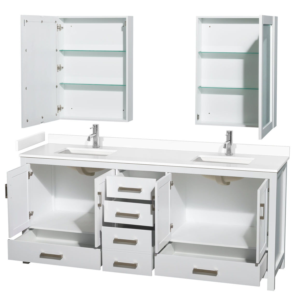 Sheffield 80 Inch Double Bathroom Vanity in White White Cultured Marble Countertop Undermount Square Sinks Medicine Cabinets