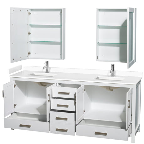 Sheffield 80 Inch Double Bathroom Vanity in White White Cultured Marble Countertop Undermount Square Sinks Medicine Cabinets