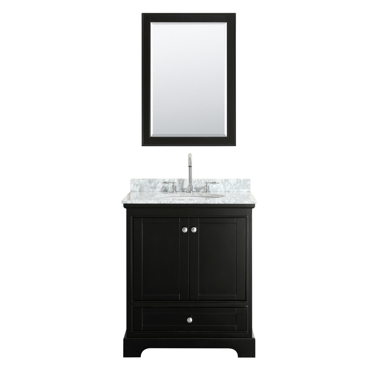 Deborah 30 Inch Single Bathroom Vanity in Dark Espresso White Carrara Marble Countertop Undermount Oval Sink and Medicine Cabinet