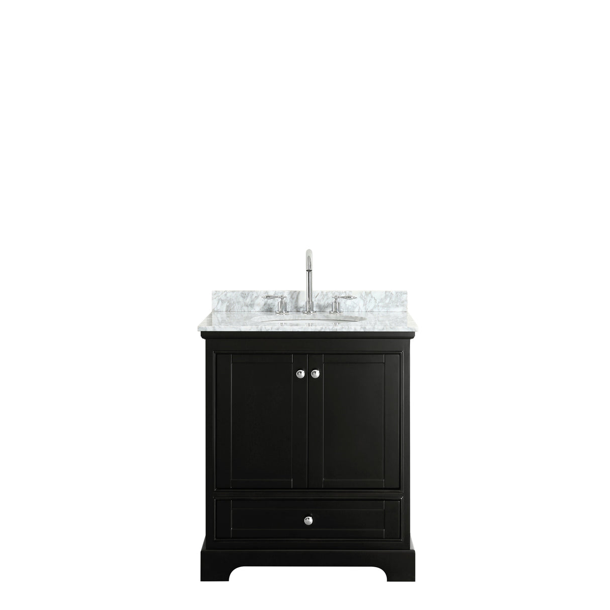 Deborah 30 Inch Single Bathroom Vanity in Dark Espresso White Carrara Marble Countertop Undermount Oval Sink and No Mirror