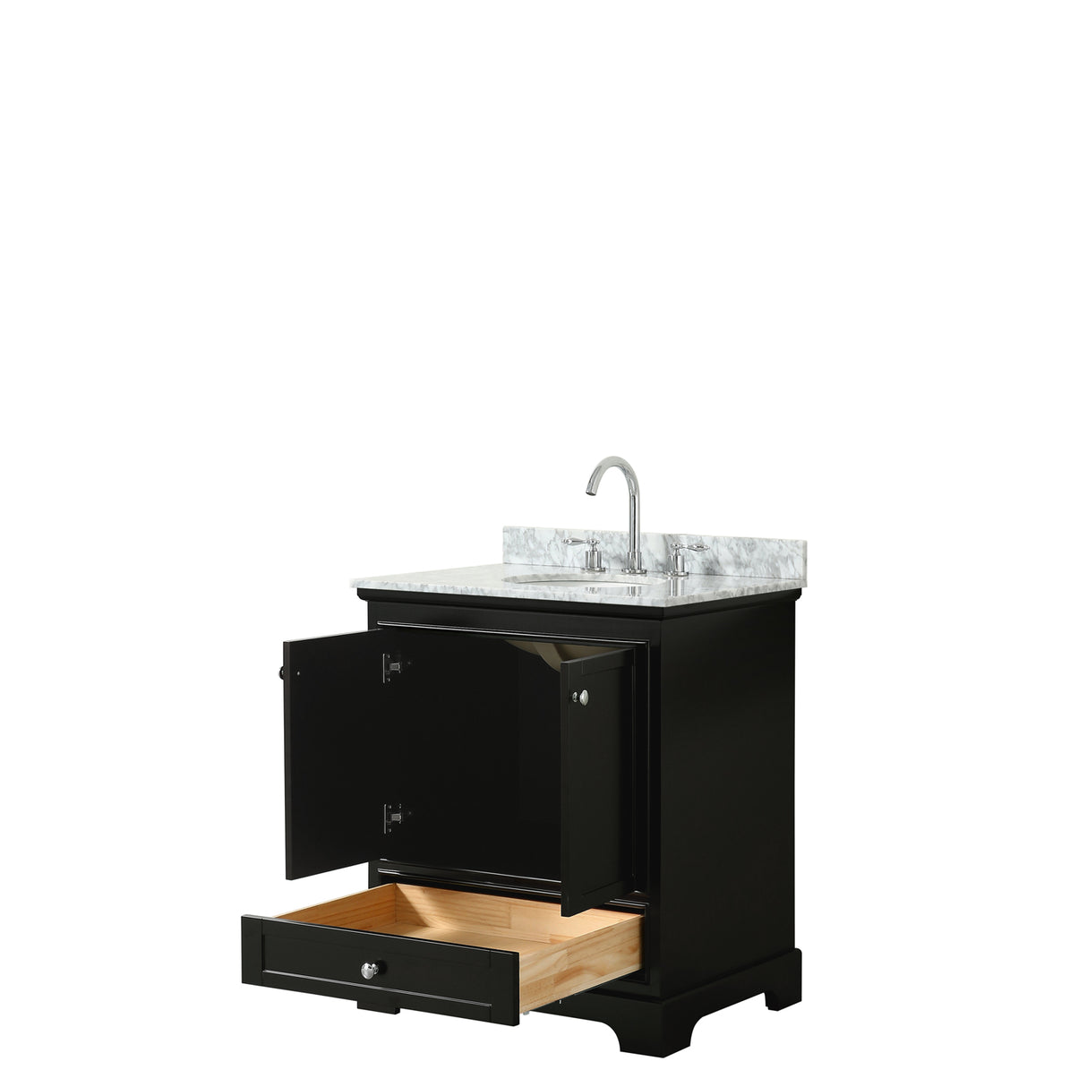 Deborah 30 Inch Single Bathroom Vanity in Dark Espresso White Carrara Marble Countertop Undermount Oval Sink and No Mirror