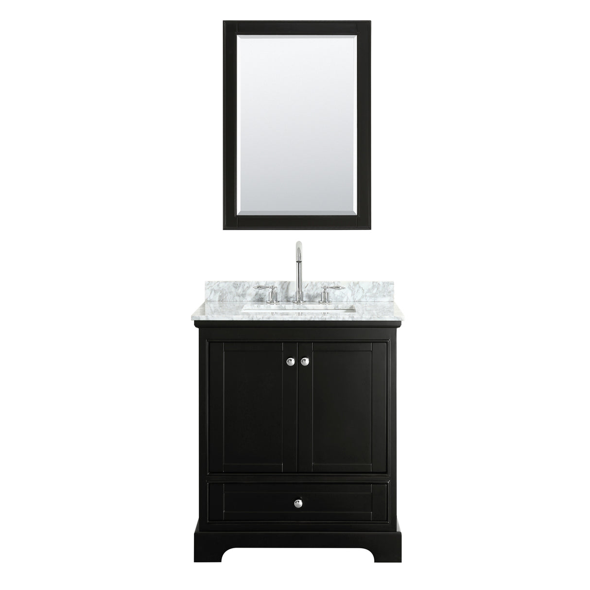 Deborah 30 Inch Single Bathroom Vanity in Dark Espresso White Carrara Marble Countertop Undermount Square Sink and 24 Inch Mirror