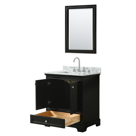 Deborah 30 Inch Single Bathroom Vanity in Dark Espresso White Carrara Marble Countertop Undermount Square Sink and 24 Inch Mirror