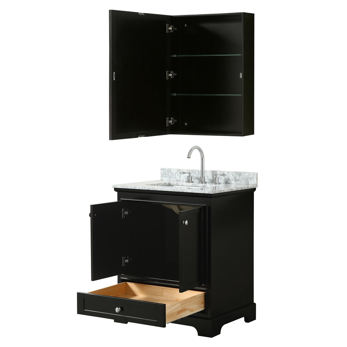 Deborah 30 Inch Single Bathroom Vanity in Dark Espresso White Carrara Marble Countertop Undermount Square Sink and Medicine Cabinet