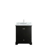 Deborah 30 Inch Single Bathroom Vanity in Dark Espresso White Carrara Marble Countertop Undermount Square Sink and No Mirror