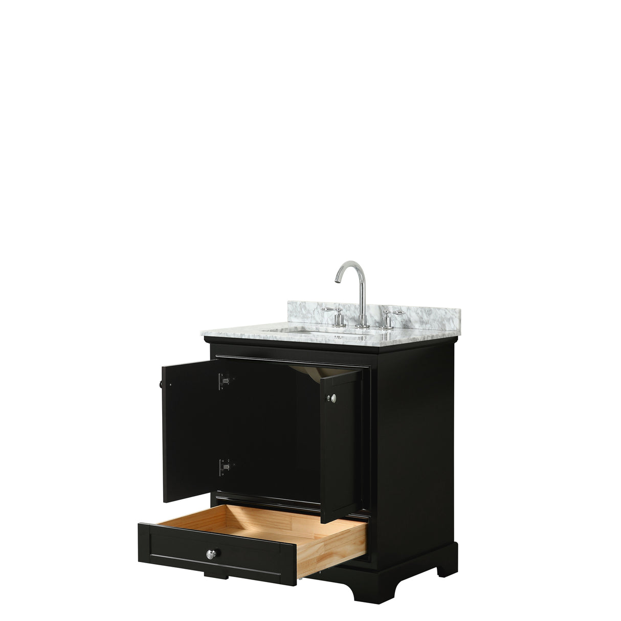 Deborah 30 Inch Single Bathroom Vanity in Dark Espresso White Carrara Marble Countertop Undermount Square Sink and No Mirror